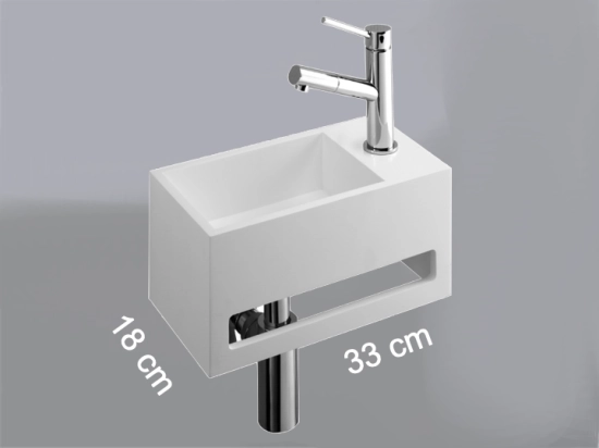 Lave-mains pour toilettes, avec porte serviette, suspendu et compacte, résine Solid-Surface BENESTONE ®, Largeur 33 cm, Profondeur 18 cm, Hauteur 16 cm, Livraison 5-7 jours OFFERTE